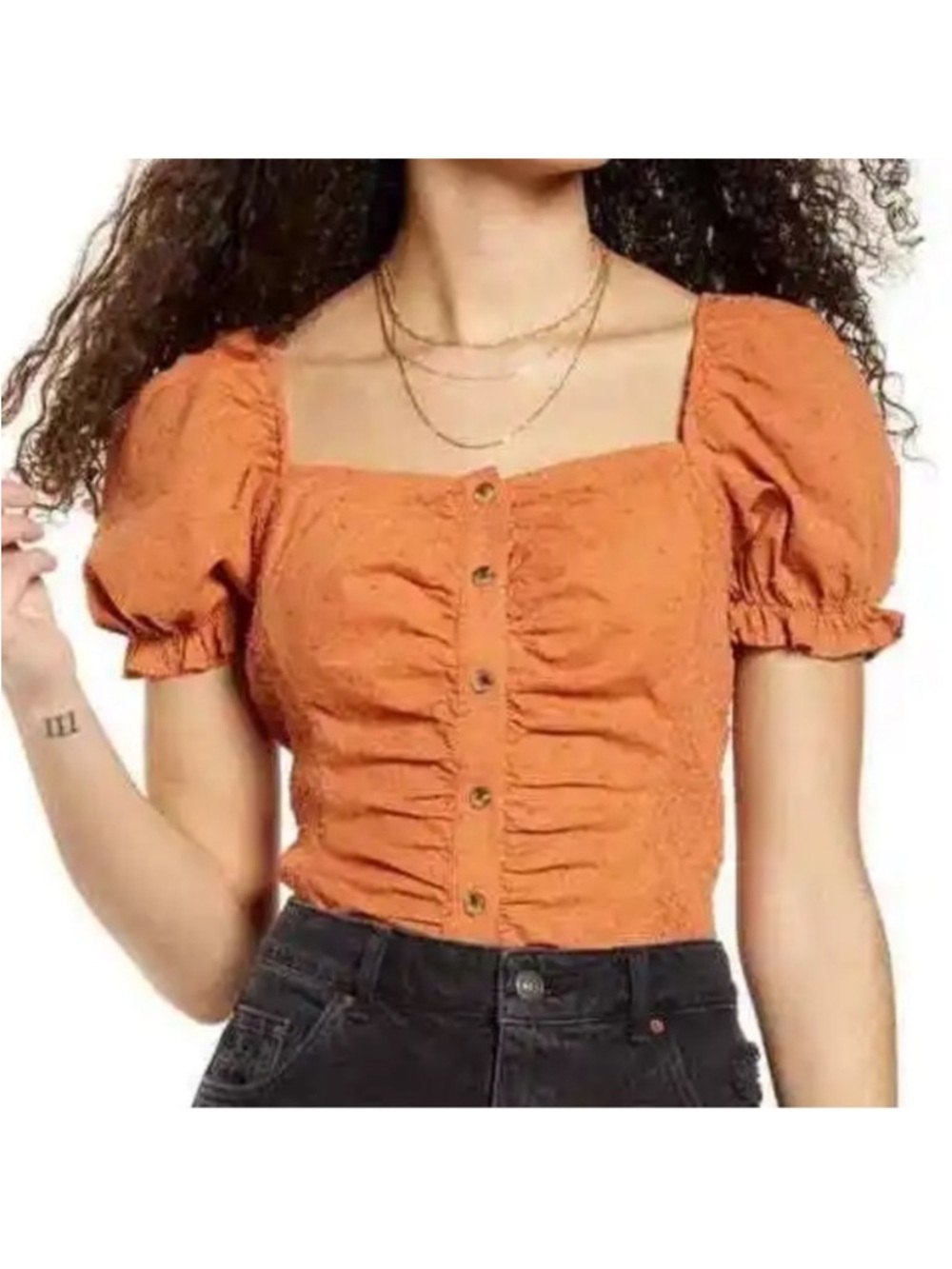 Rust Orange Puff Sleeve Square Neck Top